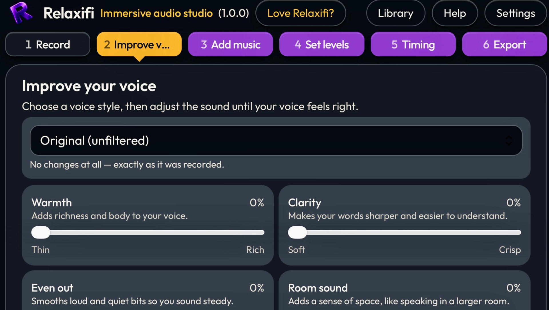 The Relaxifi studio's Improve your voice screen, with sliders for warmth, clarity, even out and room sound